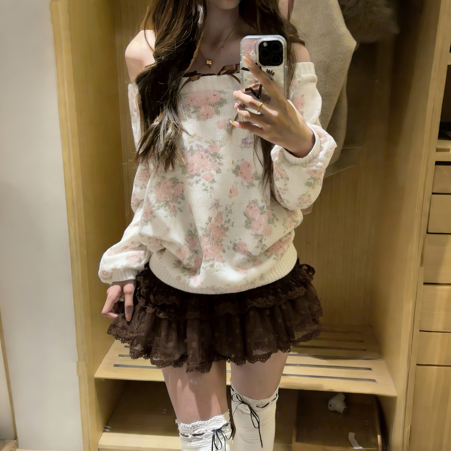 【小雨的岛】古早千金风甜美减龄露肩碎花毛衣女设计感针织衫套装
