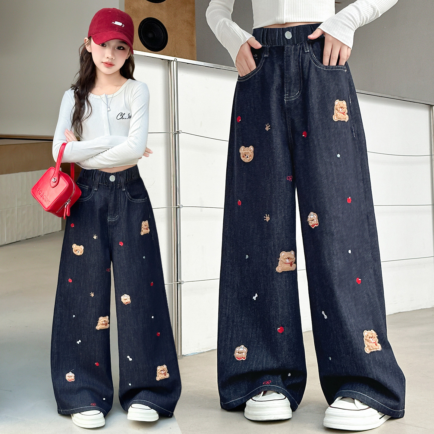女童卡通刺绣牛仔阔腿裤春秋2026新款洋气中大童休闲直筒儿童裤子