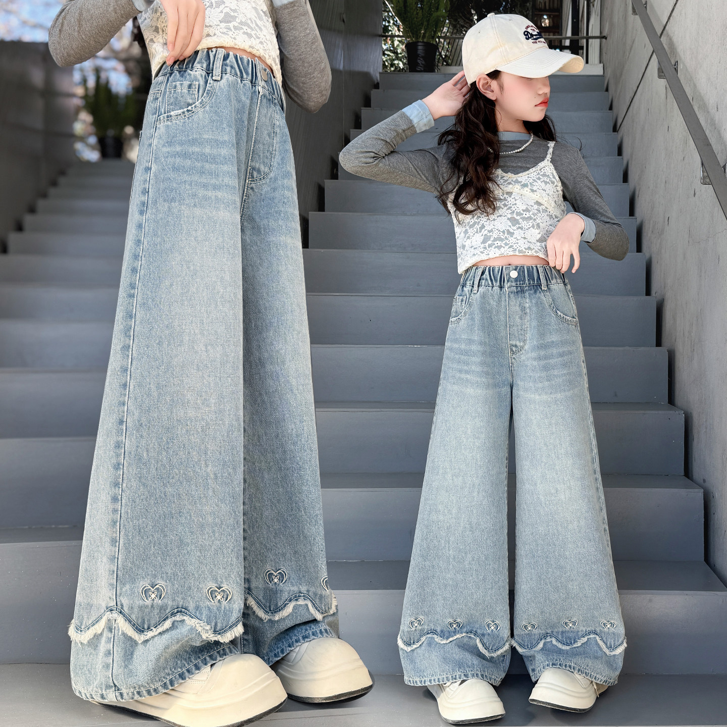 女童洋气宽松牛仔阔腿裤春秋刺绣慵懒风2026新款中大儿童直筒裤子