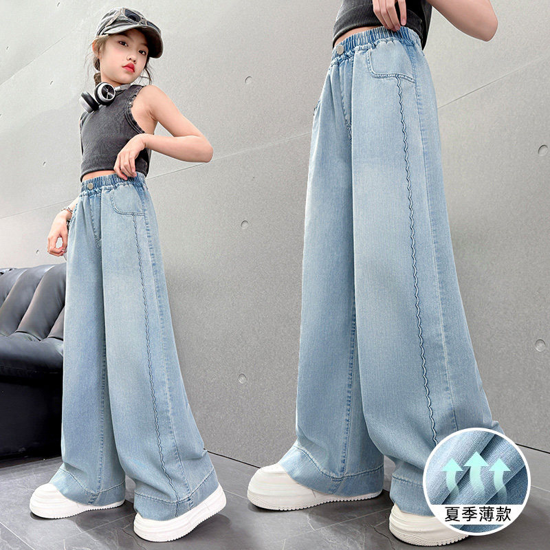 女童夏季薄款牛仔阔腿裤2026新款高腰直筒长裤大童休闲裤儿童裤子