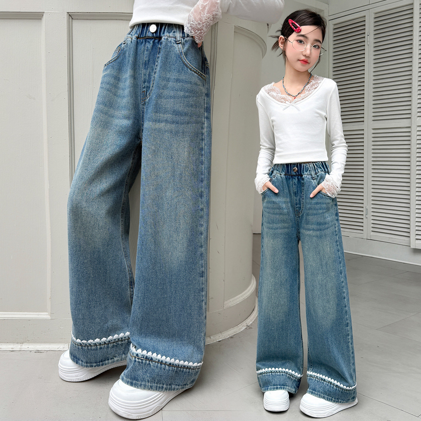 女童牛仔裤2026新款韩版宽松阔腿裤中大童洋气春装直筒儿童装裤子
