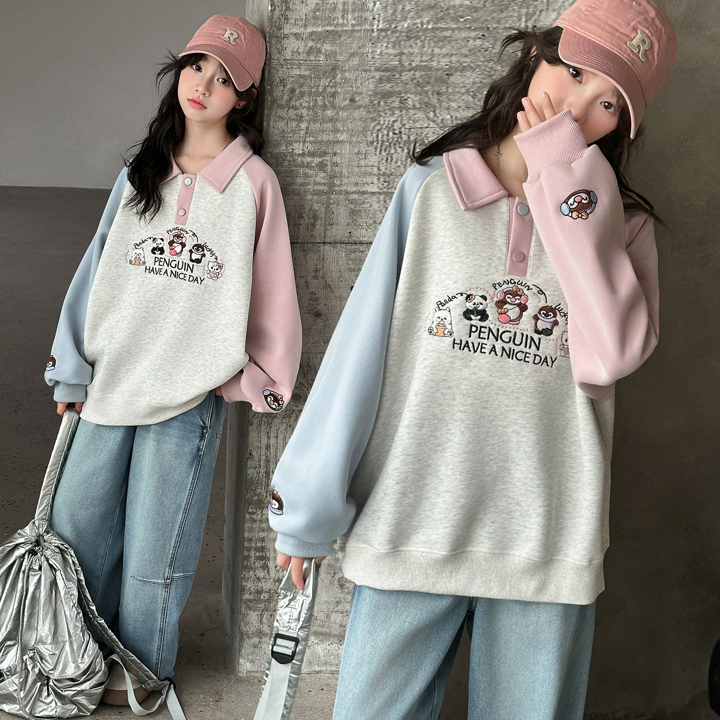 女童卡通刺绣撞色POLO领卫衣2026新款春秋宽松洋气中大童儿童春装