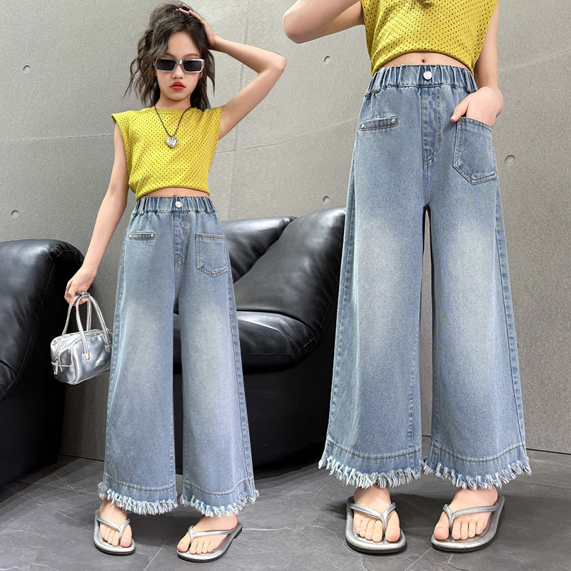 女童裤子夏季薄款2026新款儿童洋气直筒阔腿裤大童休闲流苏牛仔裤