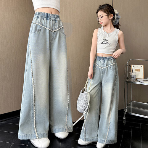 女童新款蕾丝边拼接阔腿牛仔裤