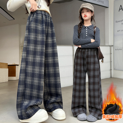 女童冬季加绒格子阔腿裤洋气新款