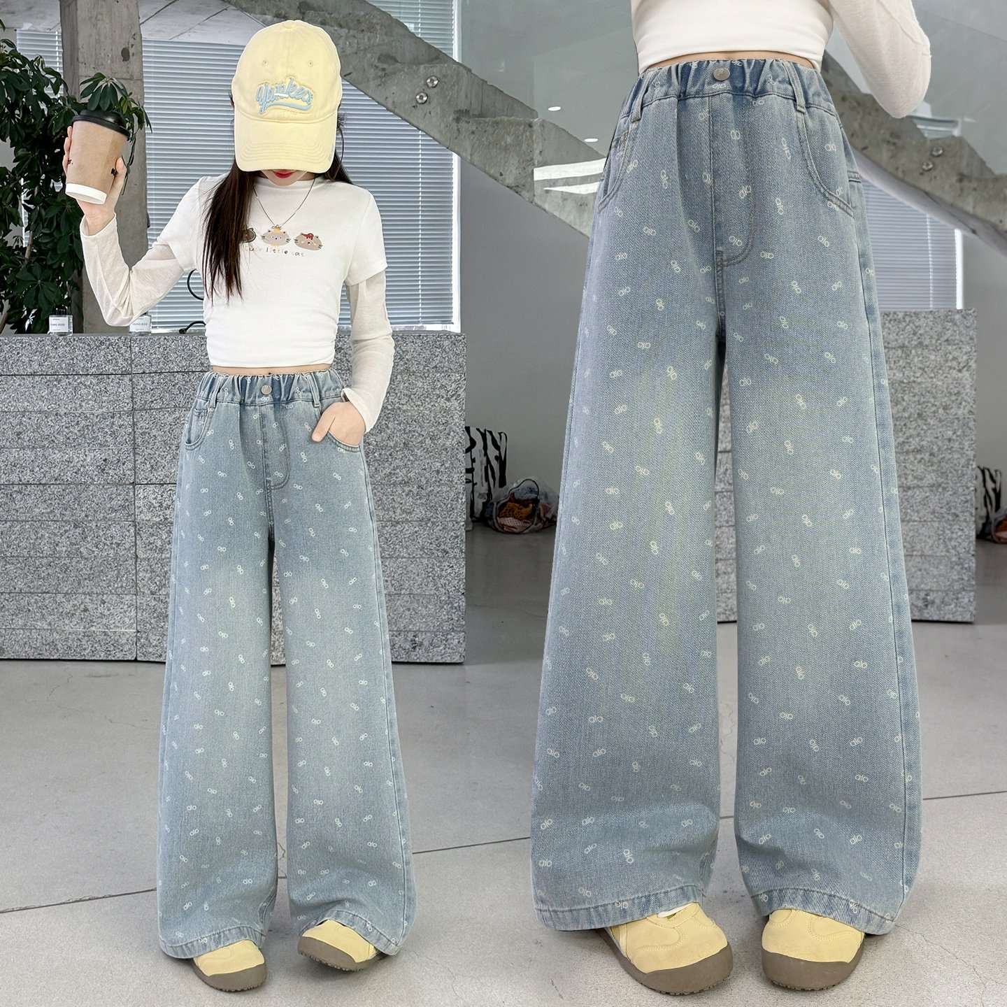 女童牛仔裤春秋韩版2026新款洋气阔腿裤时髦宽松休闲印花直筒裤子