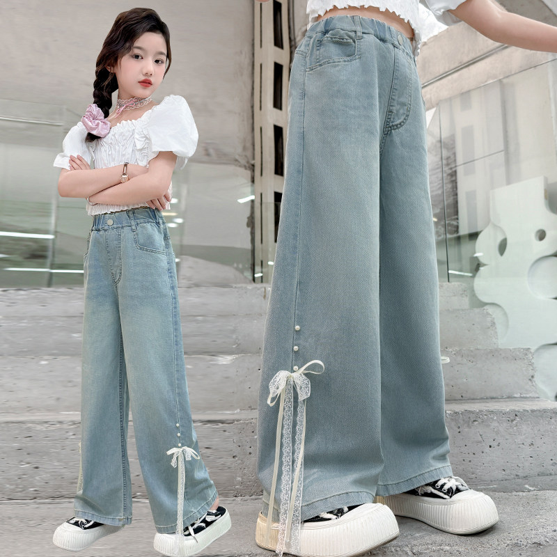 女童牛仔裤夏季薄款洋气2026新款中大童花边直筒阔腿儿童休闲裤子