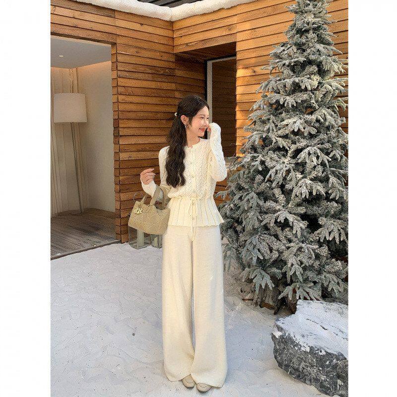 7798淑女文艺风千金套装2026年新款纯色针织开衫+长裤两件套