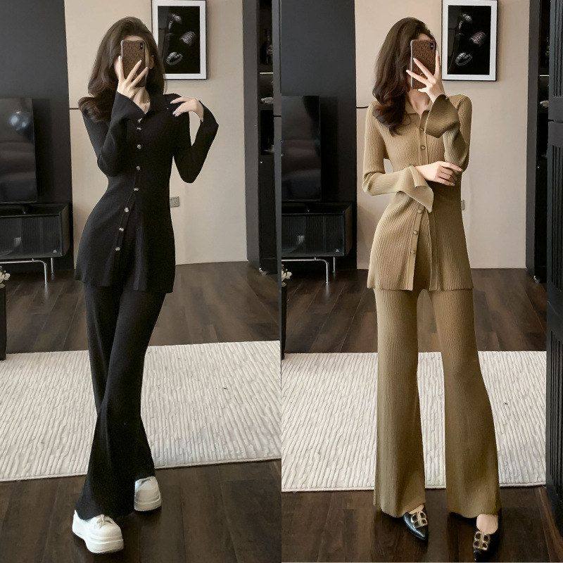 7457小香风名媛高级感小众翻领针织套装秋季新款炸街阔腿裤两件套