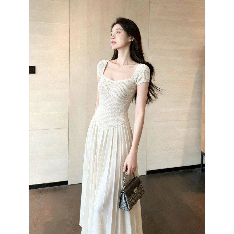 7894-5米白色方领针织连衣裙女夏季新款短袖收腰百褶大摆长裙