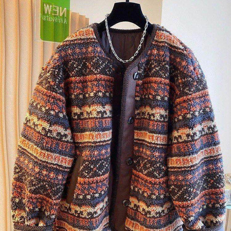 感复古费尔岛羊羔毛夹棉外套女冬2025新款宽松加厚摇粒绒棉服