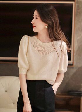 6970毛衣小香风轻奢假两件感镂空短袖针织衫夏季新款宽松T恤上衣