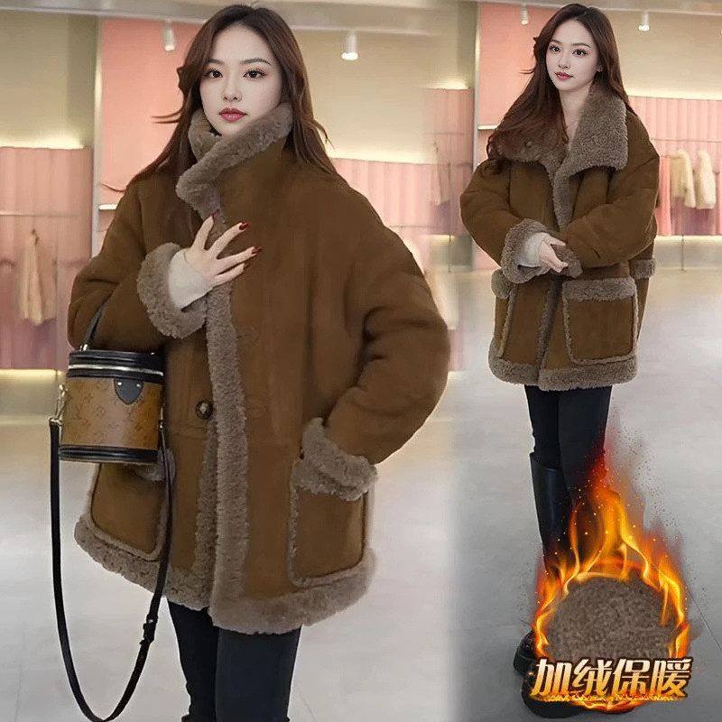 加绒加厚时尚气质呢子外套女2025秋冬新款宽松韩版保暖毛呢大衣女