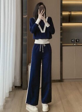 6926实拍针织衫欧货运动休闲套装女撞色松紧腰围宽松阔腿裤两件套