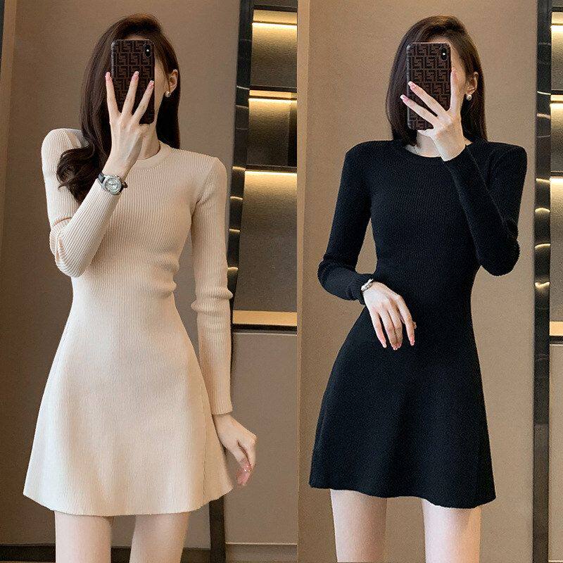 6843法式小香风名媛淑女纯色荷叶摆针织裙秋冬洋气显瘦打底连衣裙