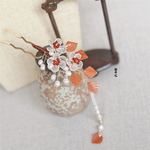 韶华记知秋语原创设计玛瑙花朵珍珠流苏玉簪花汉服步摇发簪子古风