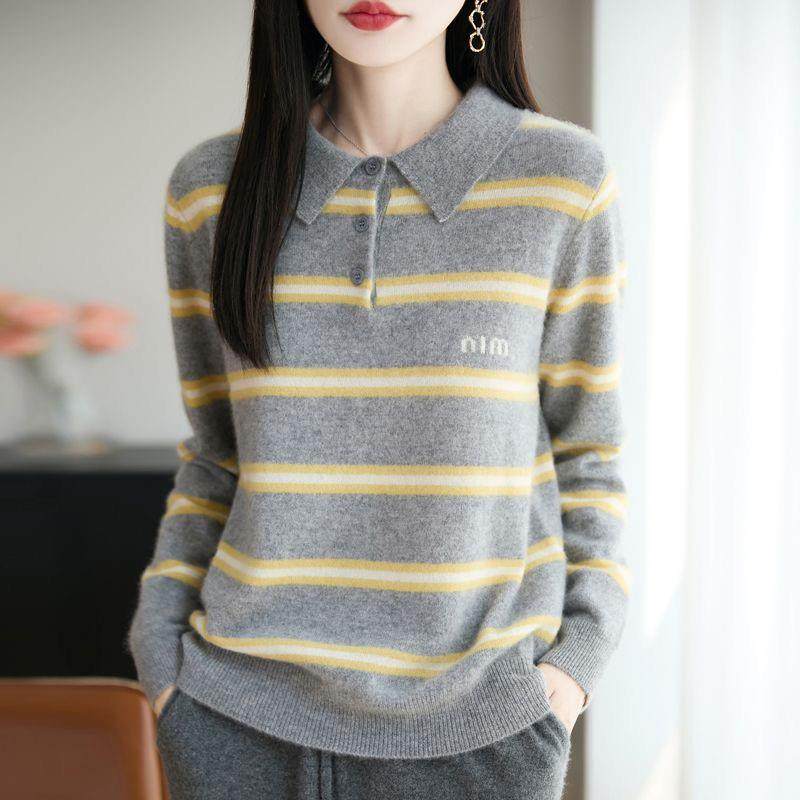 %纯羊毛衫短款时尚条纹Polo衫翻领毛衣套头针织衫休闲内搭DMR