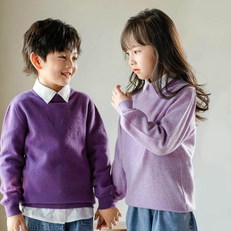 秋冬儿童纯羊毛衫男童纯色保暖针织衫女孩圆领羊绒毛衣加厚打底衫