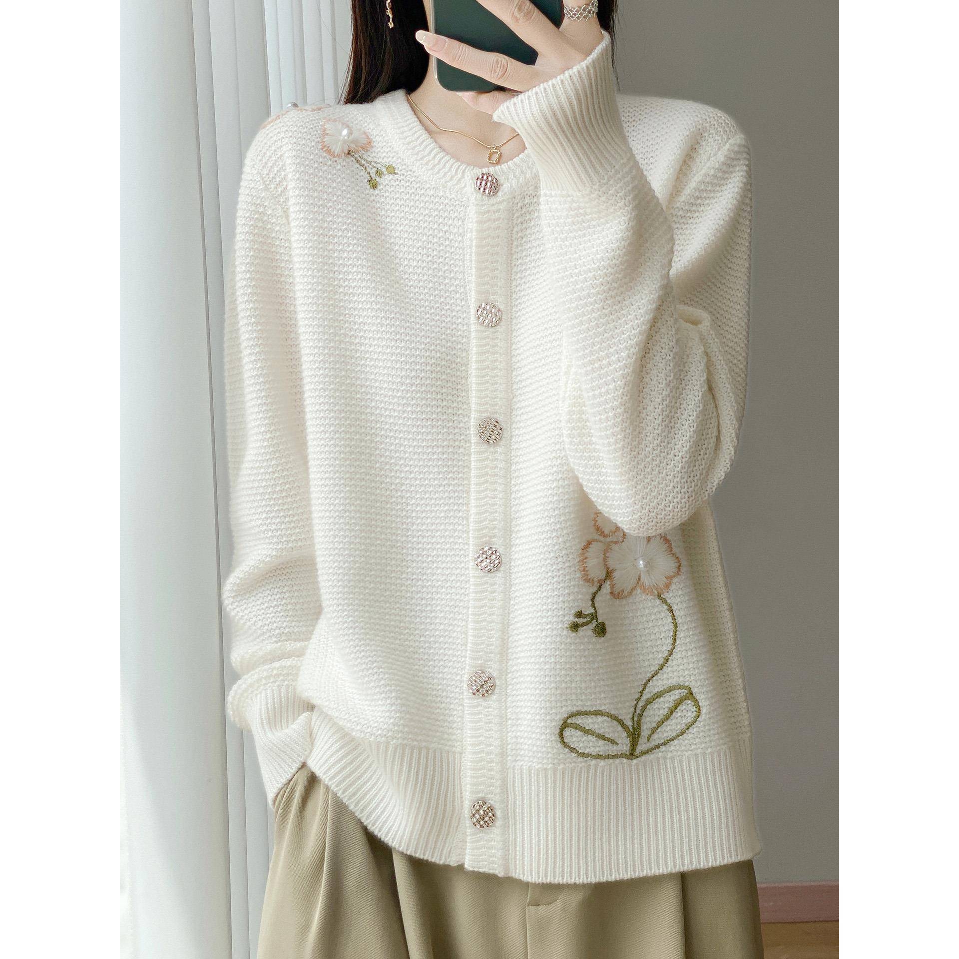 珍珠绣花圆领100%纯羊毛开衫女软糯大码毛衣外套宽松羊毛针织外搭