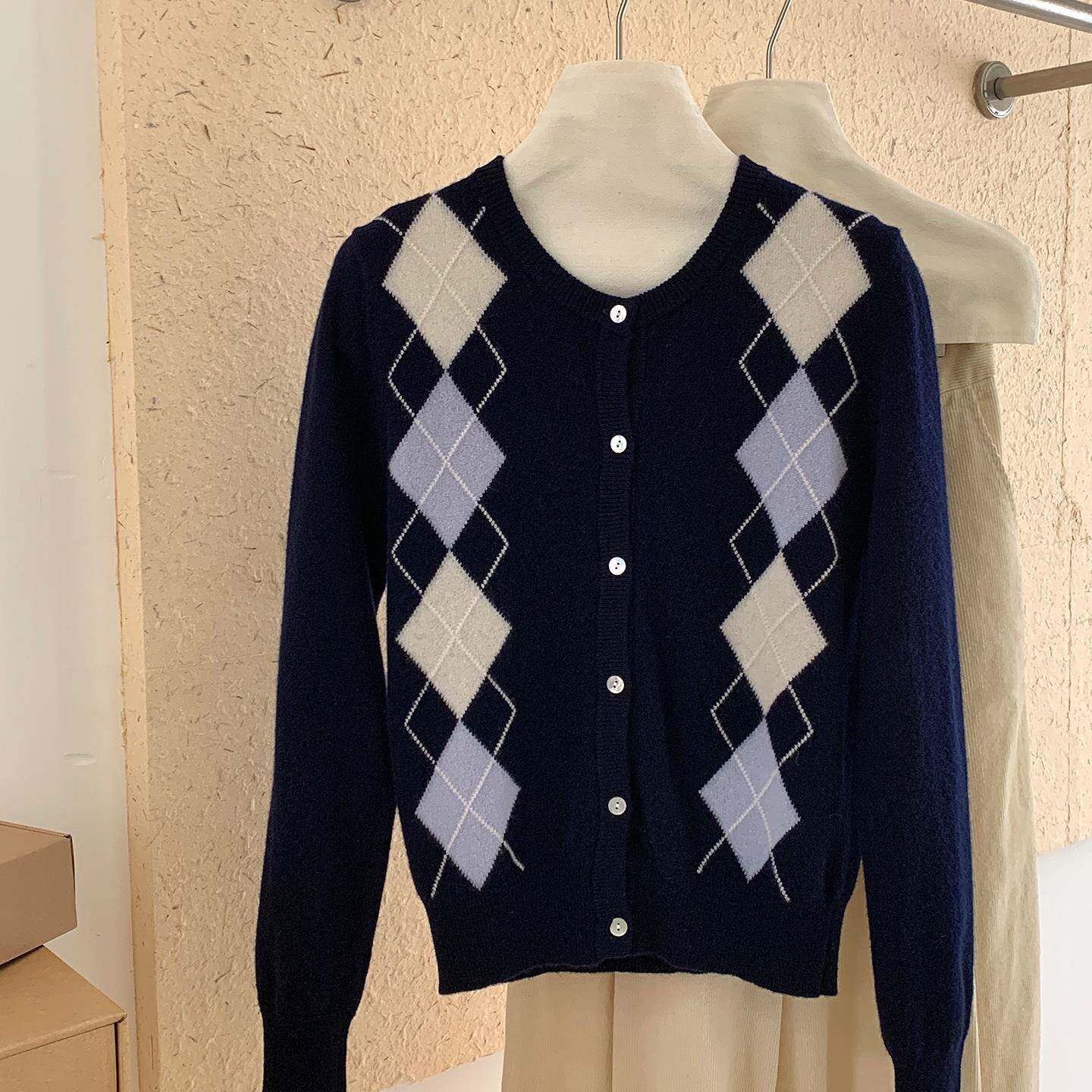 100%纯羊毛菱格针织开衫女秋冬洋气独特别致外套上衣复古毛衣外穿