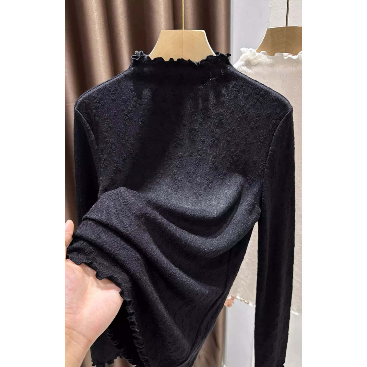 木耳边针织提花蕾丝半高领打底衫女秋冬新款软糯内搭薄款宽松上衣