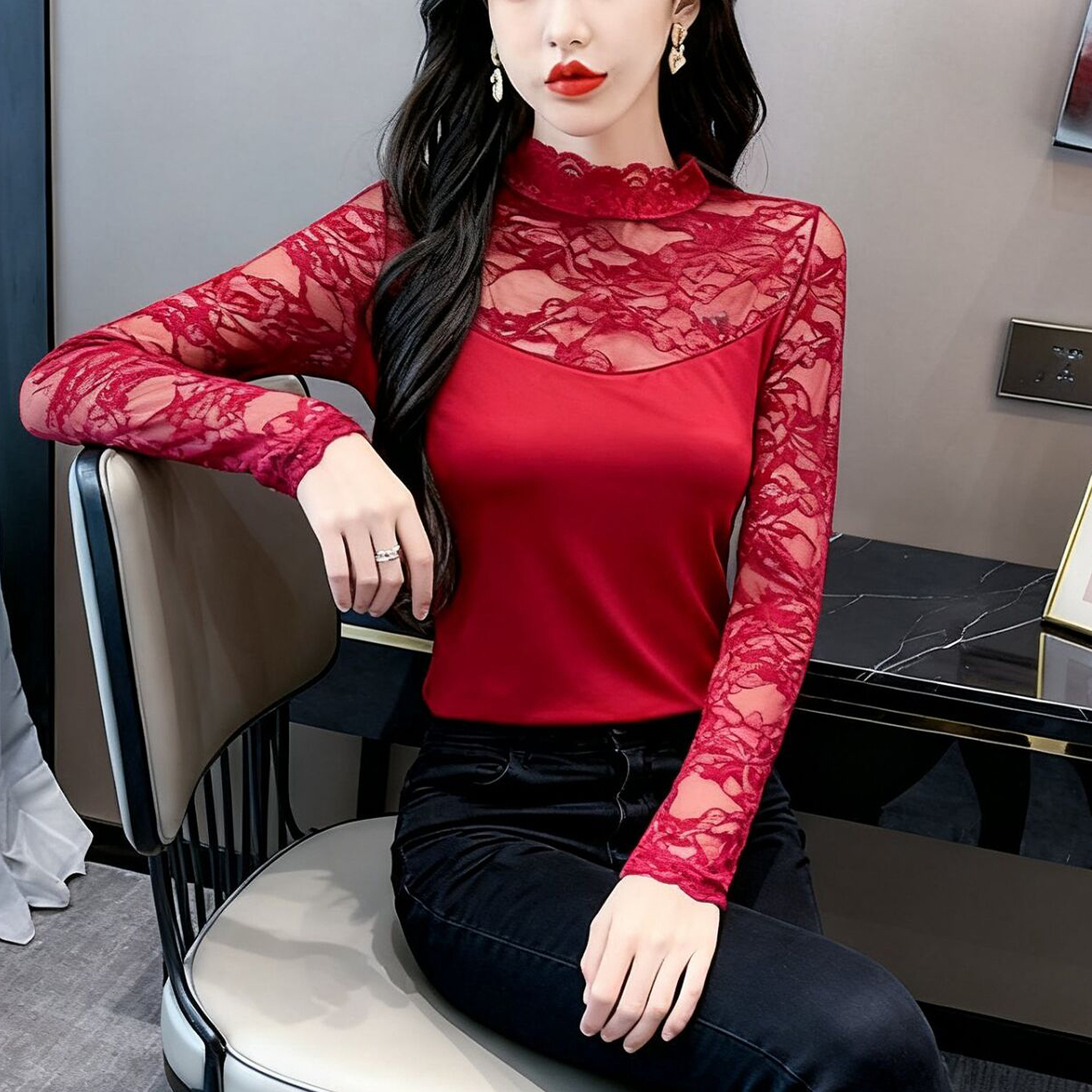 半高领拼接蕾丝打底衫女长袖