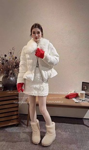 醋酸丝绒鹅绒羽绒服外套51586 卷毛羊毛领短款 欧洲站2025冬季 新款