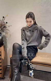 女毛衣上衣80357 圆领蝴蝶结羊毛针织衫 韩国馆2025秋冬新款 时尚