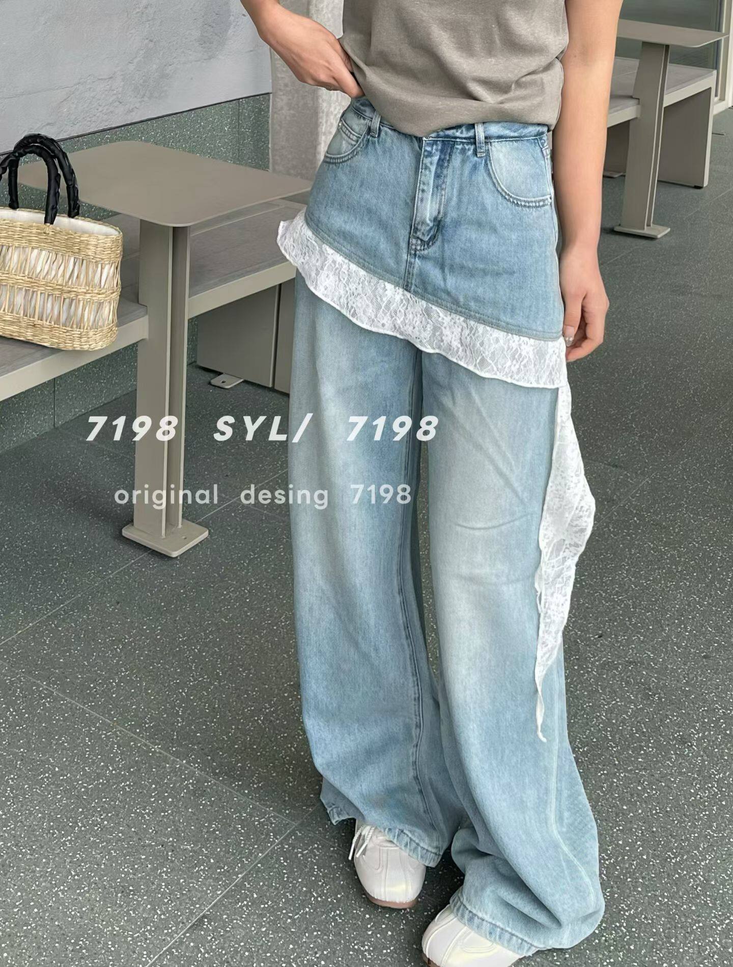 美式复古蕾丝拼接屁帘牛仔裙裤女夏季假两件一体小众宽松直筒裤子