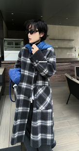 专柜同款2025冬季翻领格子长款宽松显瘦双面羊绒大衣女羊毛呢外套