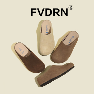 2025年春秋勃肯鞋 真皮厚底复古row风包头半拖女软皮平底博肯拖