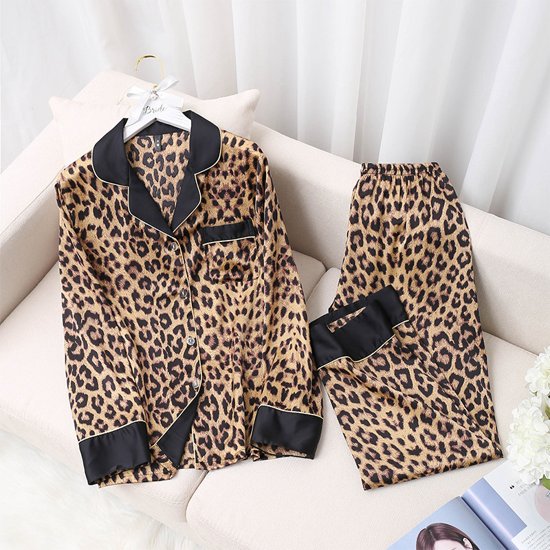 网红春秋豹纹睡衣女冰丝性感时尚长袖长裤套装日系外穿开衫家居服