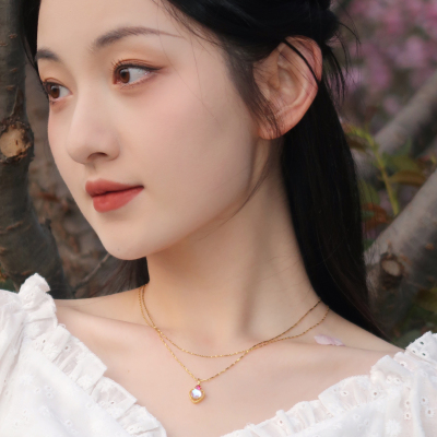 美少女月光石宝石爱心双层项链女小众轻奢颈链精致925纯银锁骨链