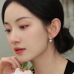 真多麻珍珠银灰色施家925纯银耳环2023年新款 耳饰气质名媛 潮法式