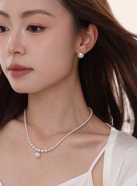 施家正圆强光珍珠S925纯银渐变碎银子项链精致耳饰高级感锁骨链