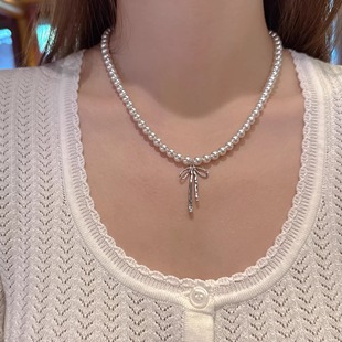 高级感法式 丝带蝴蝶结珍珠项链百搭ins风氛围感芭蕾风简约项链