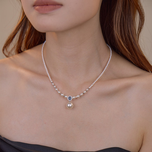 海蓝宝碎银子珍珠纯银项链法式