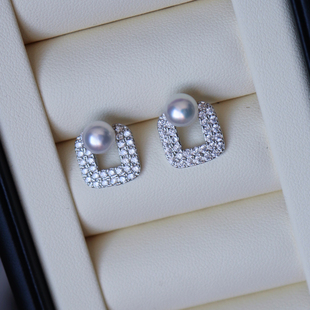 天然珍珠复古港风vintage耳环S925纯银方形2026新款 耳钉 满钻法式