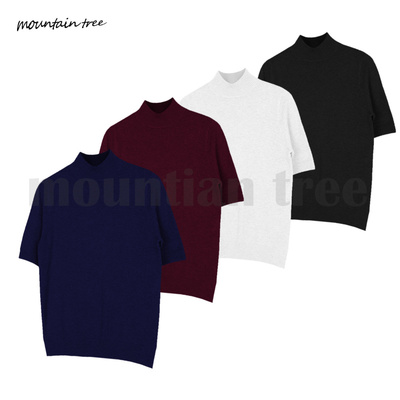 mountain tree半高领基础纯色T恤打底衫半袖针织短袖混纺短宽收腰