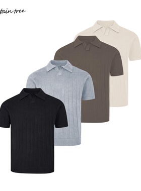 mountain tree老钱风混纺高知针织短袖T恤纯色编织坑条V领POLO衫