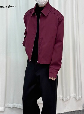 mountain tree夹棉压褶短宽夹克外套挺括色纺面料长袖翻领外套