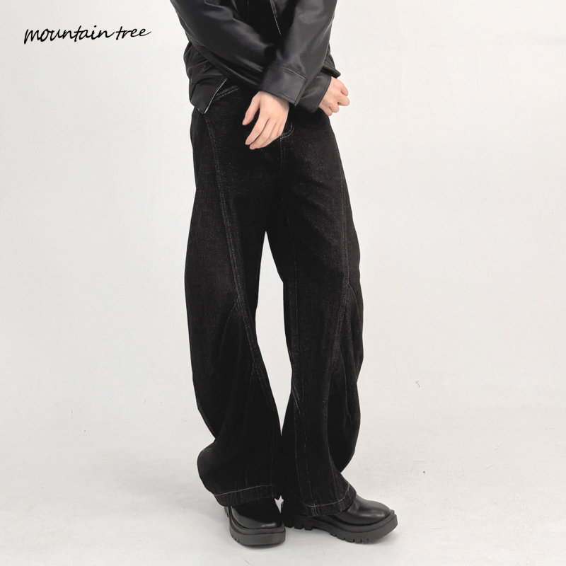 mountain tree立体廓形压褶做旧水洗弯刀牛仔裤男小众复古阔腿裤
