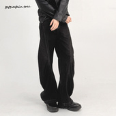 男小众复古阔腿裤 mountain tree立体廓形压褶做旧水洗弯刀牛仔裤