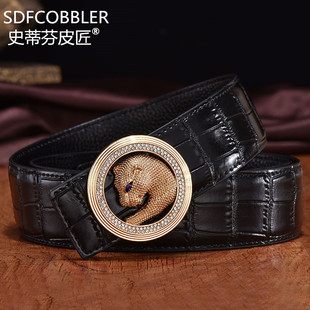 腰带潮 裤 史蒂芬皮匠豹头皮带男士 真皮镶钻鳄鱼纹牛皮休闲青年个性