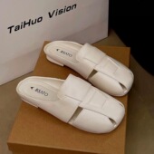 懒人一脚蹬户外通勤软底舒适半凉拖复古时尚 休闲百搭平底半包拖鞋