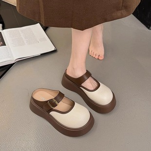 休闲一脚蹬半凉拖 女法式 2025春夏新款 厚底圆头外穿无后跟包头拖鞋