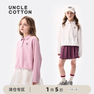 棉叔叔女童polo衫 春季 新款 珠地网眼宽松落肩小翻领纯色休闲长袖