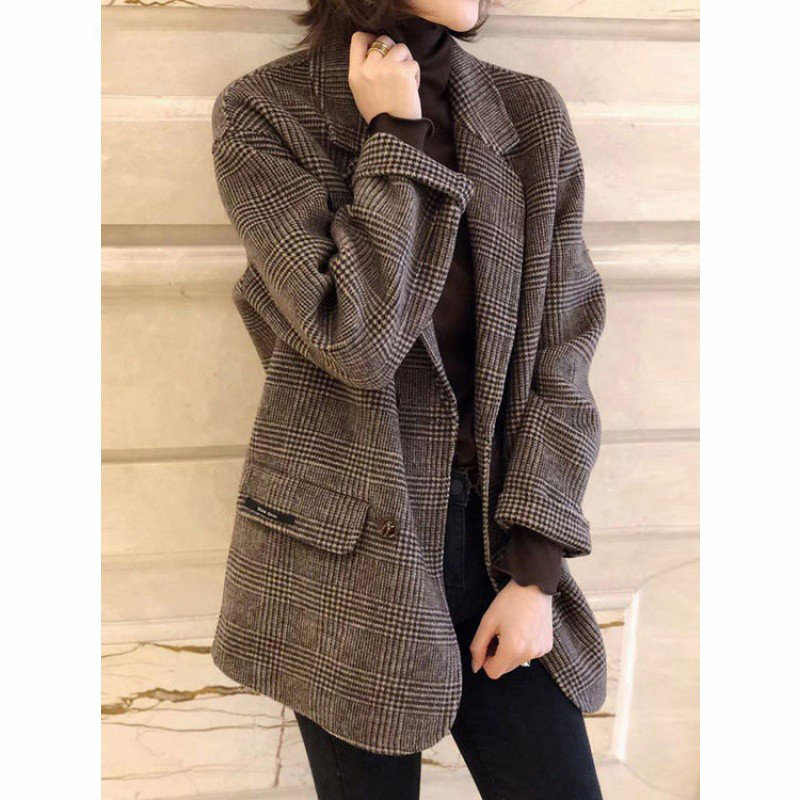 프렌치 라이트 럭셔리 체크 무늬 양면 모직 블레이저 여성스럽고 루즈한 브라운 작은 사람들을 위한 다용도 캐시미어 코트