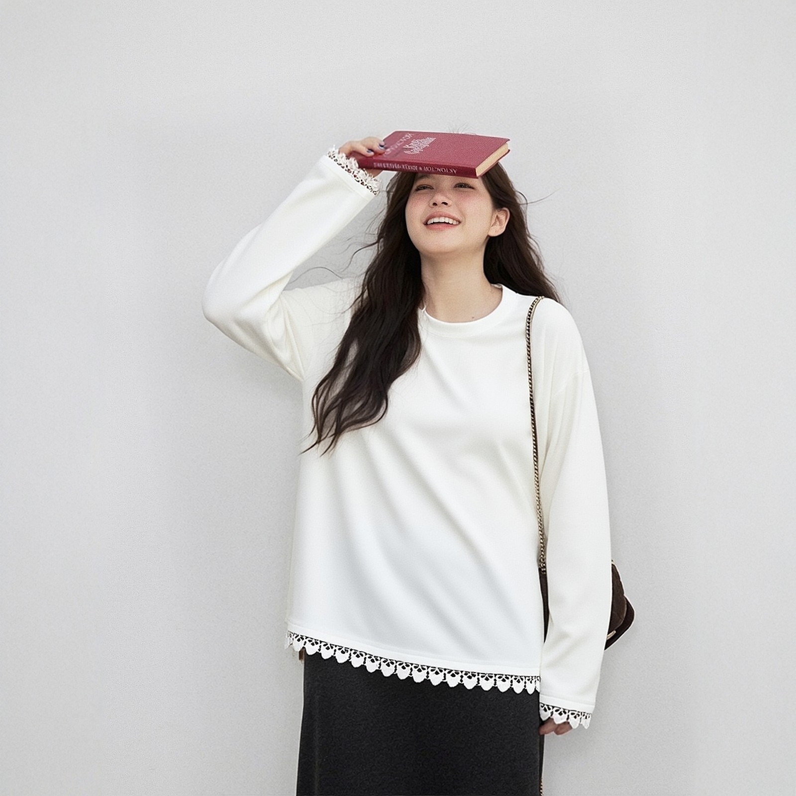 大码白色长袖花边宽松T恤胖妹妹藏肉中长款叠穿假两件打底衫3609