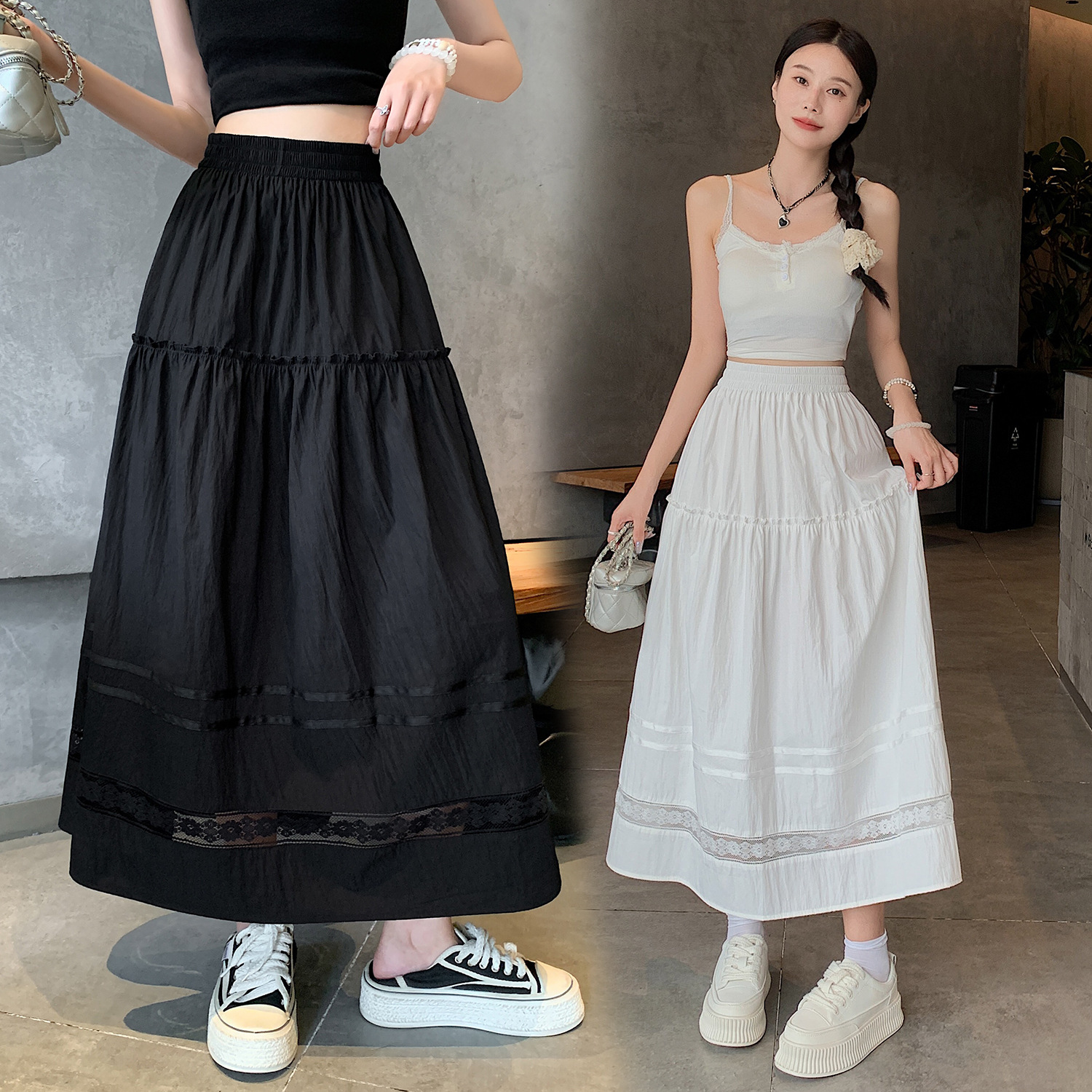 S74大码女装夏装款韩版胖mm显瘦宽松纯色蕾丝花边半身伞裙1270